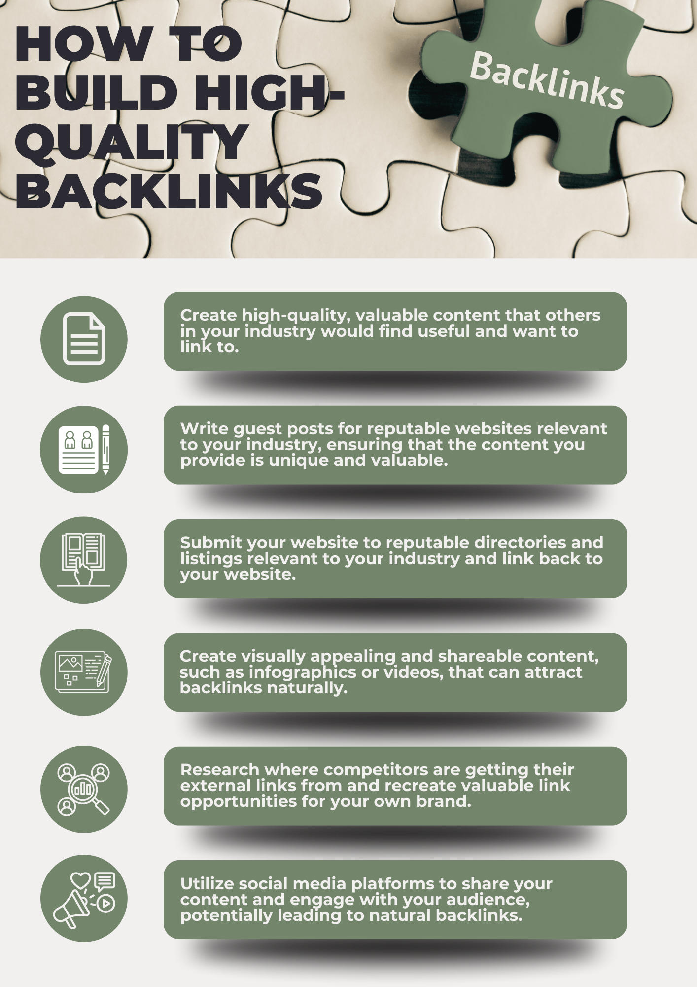Graphic from seowriter.marketing showing 6 tips for generating high quality backlinks.